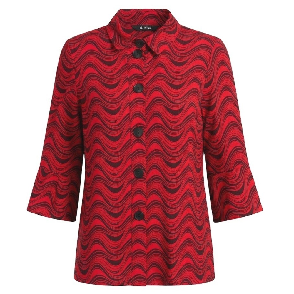 Ali Miles Womens Large Red Black Wavy Swirl Button Front Pockets Bell Sleeve Top